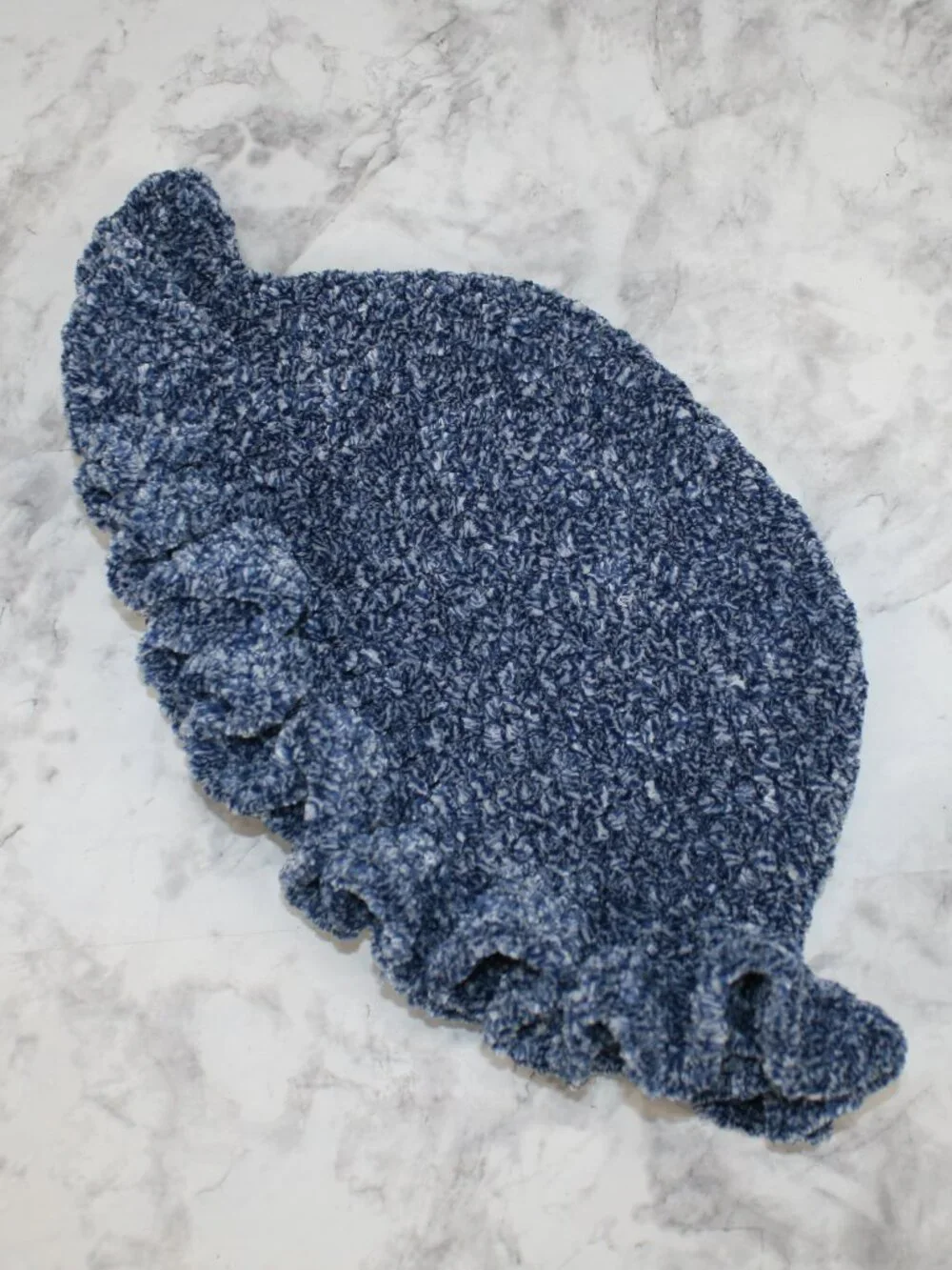 HAND CRAFTED Hat Crochet Bucket Chenille Winter Full Ruffle Blue Marled